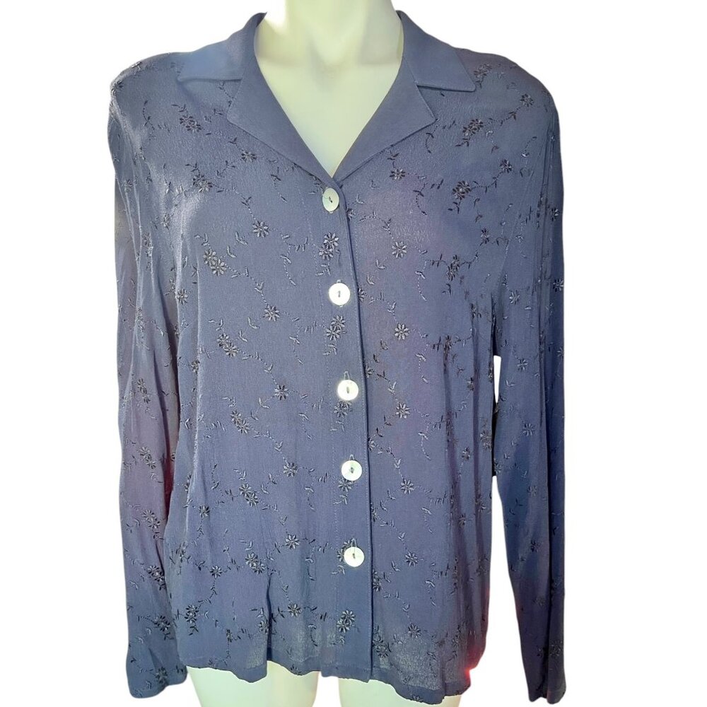 Carole Little Women’s 14 Navy Blue Embroidered Button Shirt & Rayon Pants NWT 80